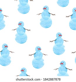 Merry Christmas seamless pattern with cute watercolor snowman. Vector winter background