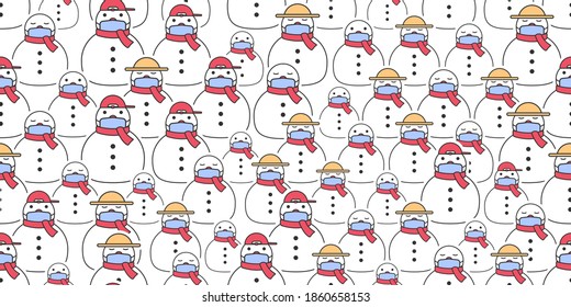 Merry Christmas seamless pattern, Cute Snowman cartoon character wear a masks on white background.