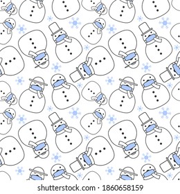 Merry Christmas seamless pattern, Cute Snowman cartoon character wear a masks on white background.