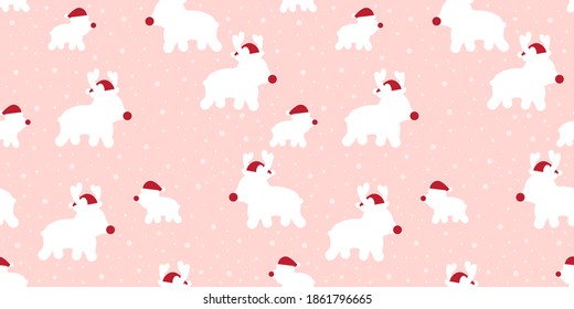 Merry Christmas seamless pattern, Cute Reindeer pattern wearing a santa hat on pink background.