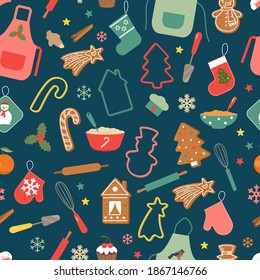 Merry Christmas! Seamless pattern with cute gingerbread cookies, dishes and elements for Christmas bakery. Dark background. Vector illustration 