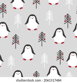 Merry Christmas seamless pattern with cute penguins and trees. Vector illustration
