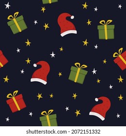 Merry Christmas seamless pattern. Cute gift box Santa Claus hat and stars decor. Happy new year celebration xmas design. Dark background for wrapping paper card print textile vector illustration