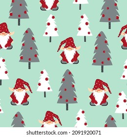 Feliz Navidad sin fisuras con lindos gnomos y árboles de Navidad. Diseño de papel de ajuste