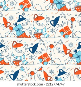 Merry Christmas seamless pattern with cute hand drawn colorful kittens. Nursery baby vector illustration, surface design, wrapping paper art.