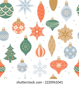 Merry Christmas, seamless pattern with cute vintage hanging decorations. Vector illustration in flat cartoon style