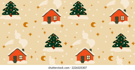 Merry Christmas seamless pattern. Cute House and fir tree. Wrapping paper for gift