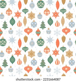 Merry Christmas, seamless pattern with cute vintage hanging decorations. Vector illustration in flat cartoon style