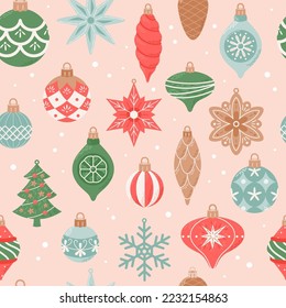 Frohe Weihnachten, nahtloses Muster mit süßen Vintage hängenden Dekorationen. Vektorgrafik im Flachbildkarikaturstil