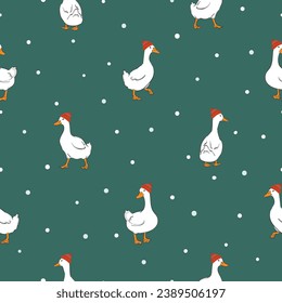 Merry Christmas seamless pattern with cute geese in red hats. Vector winter illustration