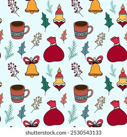Fröhliche Weihnachten nahtloses Muster mit niedlichen Cartoon-Winterelemente auf hellblauem Hintergrund für Stoff, Umhüllungspapier, Textil, Grußkarten. Handzeichnungsstil