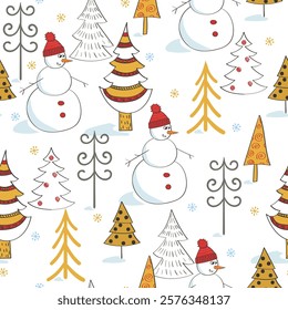 Merry Christmas seamless pattern with cute cartoon snowman and fir trees. Vector holiday winter background
