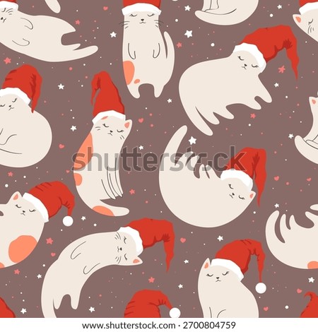 Merry Christmas seamless pattern with cute hand drawn cats In Santa hat isolated on brown background. Holiday animal design template for card, invitation. Funny vector illustration