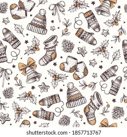 Merry Christmas seamless pattern. Christmas decor in graphic style. Mittens, hat, felt boots, Christmas decorations, Christmas sock, bell with bow, gingerbread, holly. Black and white Vintage 