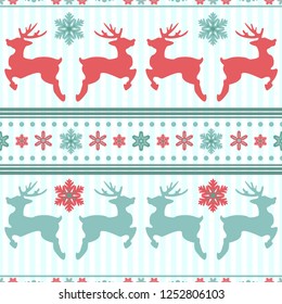 Merry Christmas seamless pattern with deer shapes snowflakes ,and xmas ornaments. Reindeer decoration background in blue colors. EPS10 vector.