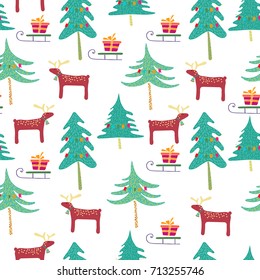 Merry christmas seamless pattern. Deer, christmas tree, sledge, gifts. Hand drawn vector illustration.