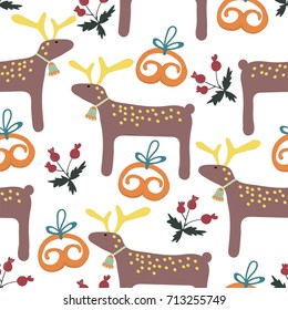 Merry christmas seamless pattern with deer. Hand drawn vector illustration.