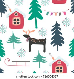 Merry christmas seamless pattern. Deer, christmas tree, sledge, snowflakes. Hand drawn vector illustration.
