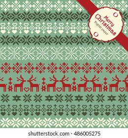 Merry christmas seamless pattern. Deers and snowflakes over the green background. Scandinavian style. Vector repeatable texture.