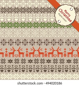 Merry christmas seamless pattern. Deers and stars over the beige background. Scandinavian style. Vector repeatable texture.