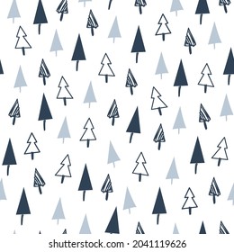 Merry Christmas seamless pattern design with different fir trees and pine icons. Vector flat illustration. For cards, banners, prints, packaging, invitations.