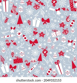 Merry Christmas seamless pattern design with gifts, fir trees, toys, snowflakes. Vector flat illustration. For cards, banners, prints, packaging, invitations.