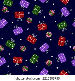 Merry Christmas seamless pattern design with gifts, stars and christmas balls. Vector flat illustration. For cards, banners, prints, packaging, invitations.