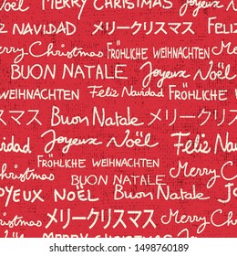 Merry Christmas seamless pattern in different languages. Text only Christmas greetings background in red and white with grunge texture. Vector EPS10