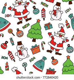 Merry Christmas. Seamless pattern in doodle and cartoon style. Colorful