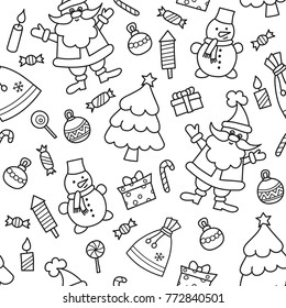 Merry Christmas. Seamless pattern in doodle and cartoon style. Outline