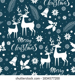 Merry Christmas! Seamless pattern with festive deer. Vector congratulatory poster. Lettering.