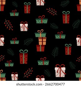 Fröhliche Weihnachten nahtloses Muster mit festlichen Geschenken und Zweigen. Vektor Neujahr Hintergrund im Cartoon-Stil