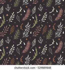 Merry Christmas seamless pattern. Festive pattern with fir branches, flowers and decorative elements. Christmas hand drawn design.