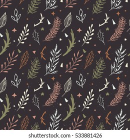 Merry Christmas seamless pattern. Festive pattern with fir branches, flowers and decorative elements. Christmas hand drawn design