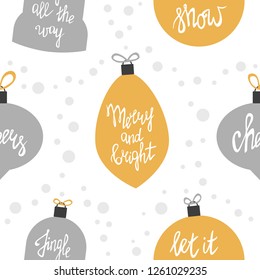 Merry Christmas seamless pattern. Festoon lights. Holiday lettering. Merry and bright. Let it snow. Cheers. Jingle all the way. Winter holiday background. New Year texture.