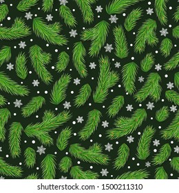 Merry Christmas seamless pattern with fir tree branches and snowflakes. Christmas gifts wrapping template. Winter season wallpaper design with realistic evergreen pine branches vector illustration.