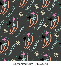 Merry christmas seamless pattern with fireworks and snowflakes. Hand drawn vector illustration.
