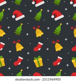 Merry Christmas seamless pattern flay design with pine tree, Santa hat, and bell perfect for wrapping paper and wallpaper