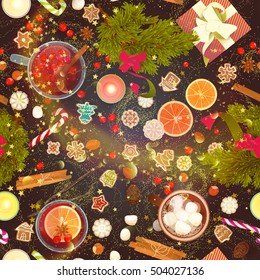 Merry Christmas seamless pattern: food, celebration cook: mulled wine, gingerbread cookies, berries, nuts, candies, hot chocolate, marshmallows... top view, hand drawn flat design vector illustration.