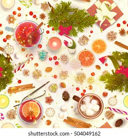 Merry Christmas seamless pattern: food, celebration cook: mulled wine, gingerbread cookies, berries, nuts, candies, hot chocolate, marshmallows... top view, hand drawn flat design vector illustration.