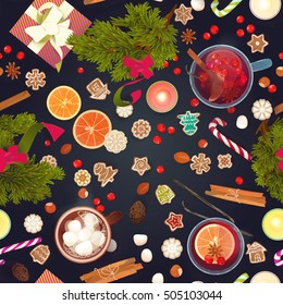 Merry Christmas seamless pattern: food, celebration cook: mulled wine, gingerbread cookies, berries, nuts, candies, hot chocolate, marshmallows... top view, hand drawn flat design vector illustration.