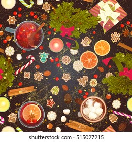 Merry Christmas seamless pattern: food, celebration cook: mulled wine, gingerbread cookies, berries, nuts, candies, hot chocolate, marshmallows... top view, hand drawn flat design vector illustration.