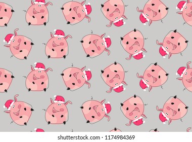 Merry Christmas seamless pattern. Funny vector pigs for kids. Symbol of Chinese new year.