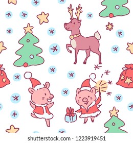 Merry Christmas seamless pattern with funny elements such as Christmas tree, reindeer, stars, snowflakes, two cute pigs, 2019 year symbol. Happy doodle hand drawn design.