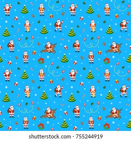 Merry Christmas seamless pattern with funny Santa Claus in different poses. Flat vector illustration. Wrapping paper design, fabric print or wallpaper swatch