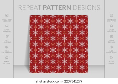 Merry Christmas seamless pattern with geometric motifs. Snowflakes with different ornaments.