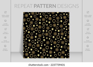 Merry Christmas seamless pattern with geometric motifs. Snowflakes with different ornaments.