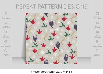 Merry Christmas seamless pattern with geometric motifs. Snowflakes with different ornaments.