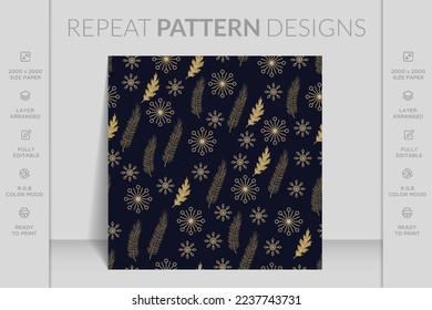 Merry Christmas seamless pattern with geometric motifs. Snowflakes with different ornaments.