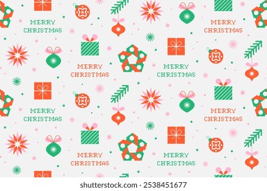 Merry Christmas seamless pattern with geometric design elements and pixel art greeting on white background. Abstract design in flat minimalist style. Vector illustration for fabric, textile, wrapping 